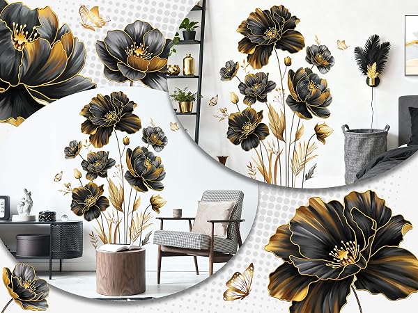 DM2355 black gold flower wall decals