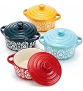Goaste 4 Pack Porcelain Ramekins with Lids, 7 OZ Mini Casserole Dish with Handles, Round Ceramic ...