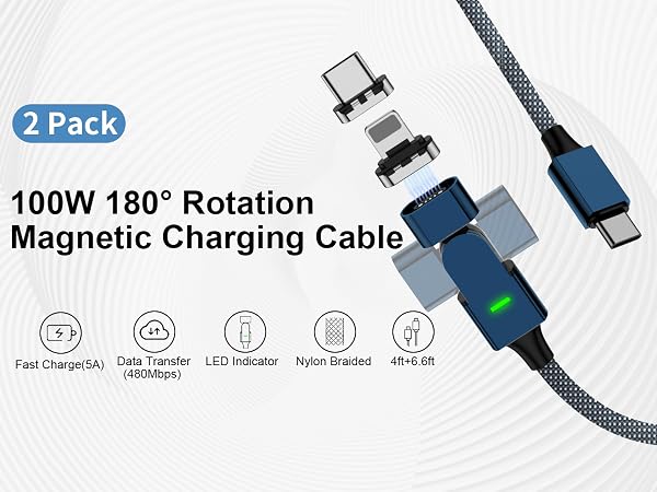 100W 180° Rotation Magnetic Charging Cable