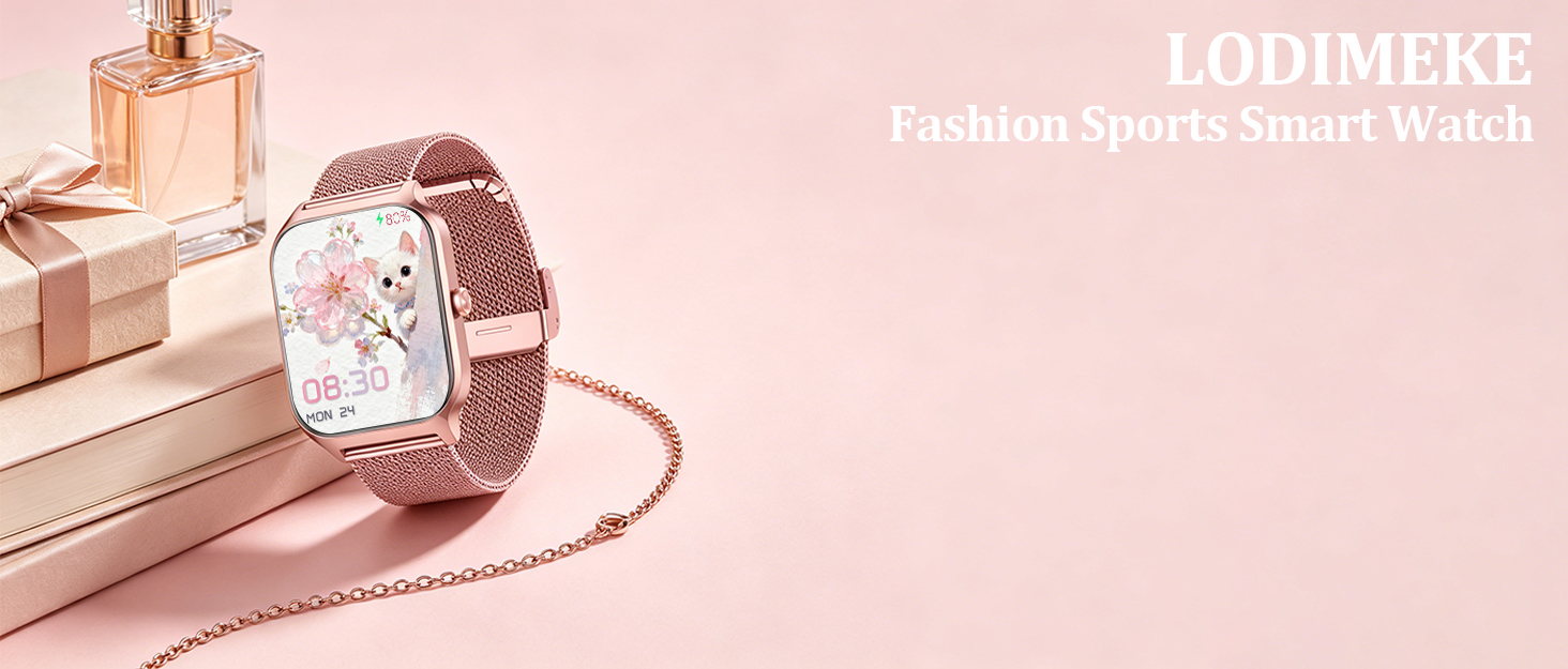 Text reads 'DODIMEKE' and 'Fashion Sports Smart Watch'. Rose gold-tone square smartwatch with decorative rhinestone bezel on pink background with gift boxes and perfume bottle.