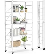 Himix 5 Tier Foldable Storage Shelves, Expandable Folding Pantry Shelf with Wheels, Changeable in...