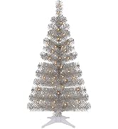 Juegoal 4 FT Pre-lit Artificial Christmas Tree, Lighted Silver Tinsel Pencil Pine Spruce Trees wi...