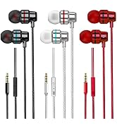 Collection of earbuds or headphones shown in various colors including red, black, and white, with 3.5mm audio jacks and inline controls.