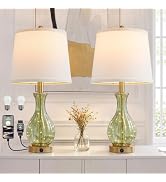 Oneach 22" Green Glass Table Lamps with Fairy Light for Bedroom Nightstand | USB A+C, 2 Bulbs Inc...