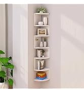 FRAWENLECO No-Drill Corner Shelf Wall Mount, 7-Tier Floating Corner Bookshelf with Hooks, Space-S...