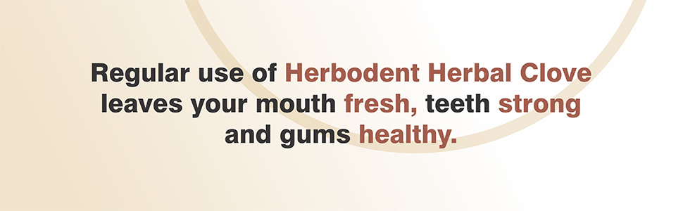 Text advertisement for Herbadent Herbal Clove product, highlighting benefits for mouth freshness, tooth strength, and gum health