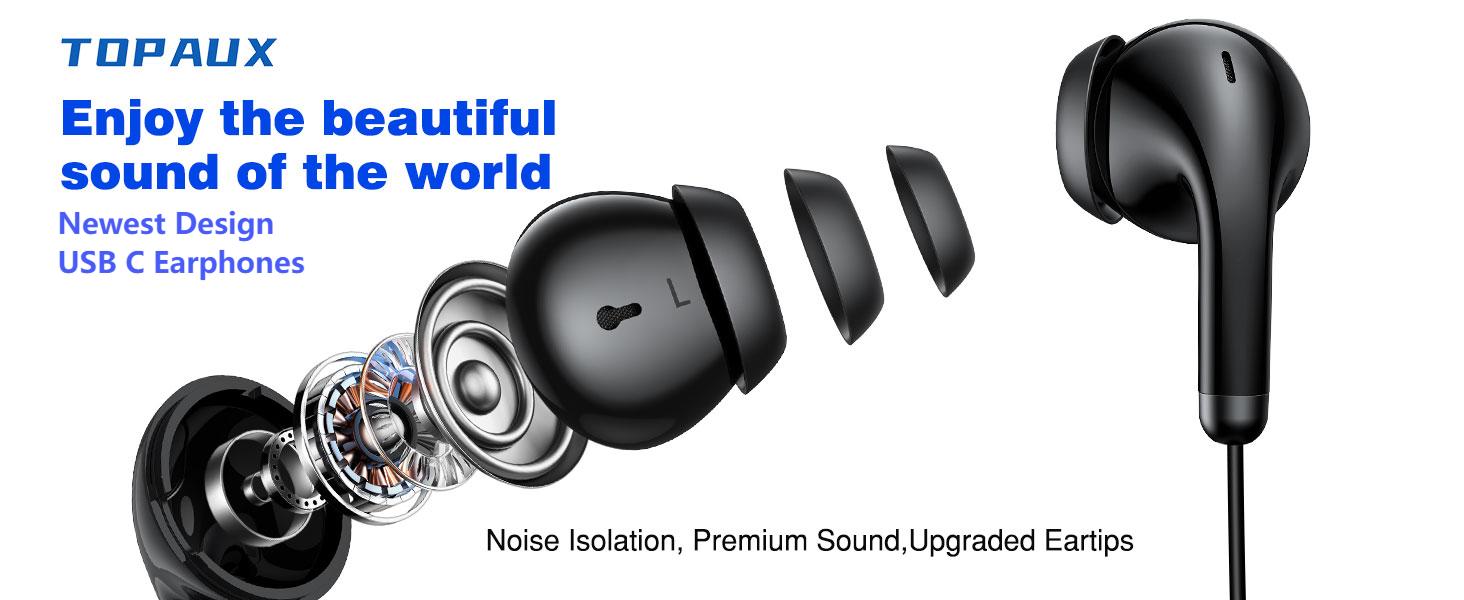 TOPAUX Wired Earbuds USB C Headphone for iPhone 16e 16 Pro Max 15 Plus Noise Canceling HiFi Bass