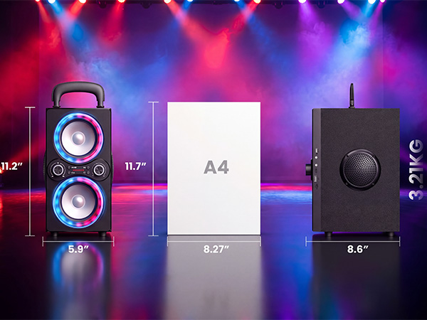 Speaker profiles and a grey rucksack display measurement specs on a vibrant, fog-filled stage.