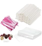 Basquei Cake Pop Sticks 6 Inches, Cake Pop Bags (3.9"X4.7"), Pink Metallic Twist Ties, 600 Pcs Ca...