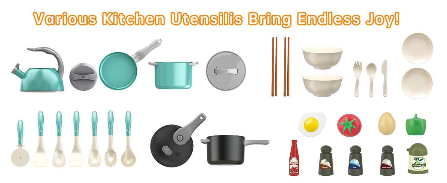 Complete with pots, spoons, and food models, these kitchen utensils bring various joy to playtime.