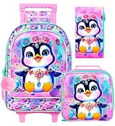ZLYERT 3Pcs Rolling Backpack for Girls, Penguins Kids School Backpacks with Wheels, Roller Bookba...