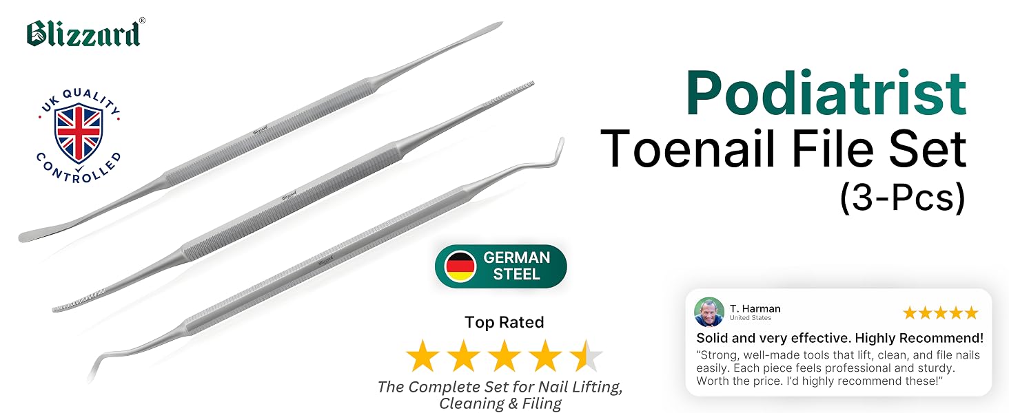 Blizzard podiatry nail care set nail lifter, nail file, and nail cleaner made from stainless steel.