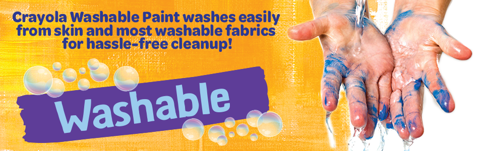 Crayola washable paint washes easily from skin and most washable fabrics for hassle free cleanup