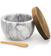 Nicunom Marble Salt Cellar with Acacia Wood Lid and Spoon, Elegant Handcrafted Salt Box Pepper Bo...