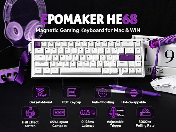Pomaker HE68 mechanical gaming keyboard with white keycaps and purple accents. Features include Gasket-Mount, PBT keycaps, hot-swappable switches, and anti-ghosting technology.