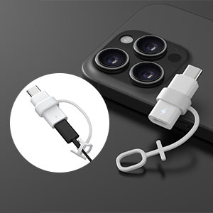 White adapter cable shown in circular composition against dark background, with closeup detail of connector end in white circular inset.