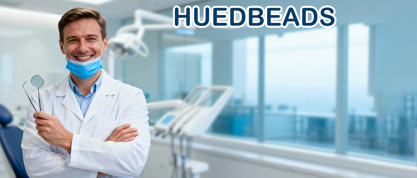 Text reads 'HUEDBEADS'. Clinical laboratory setting showing professional in white coat with medical equipment and blue-tinted lighting.