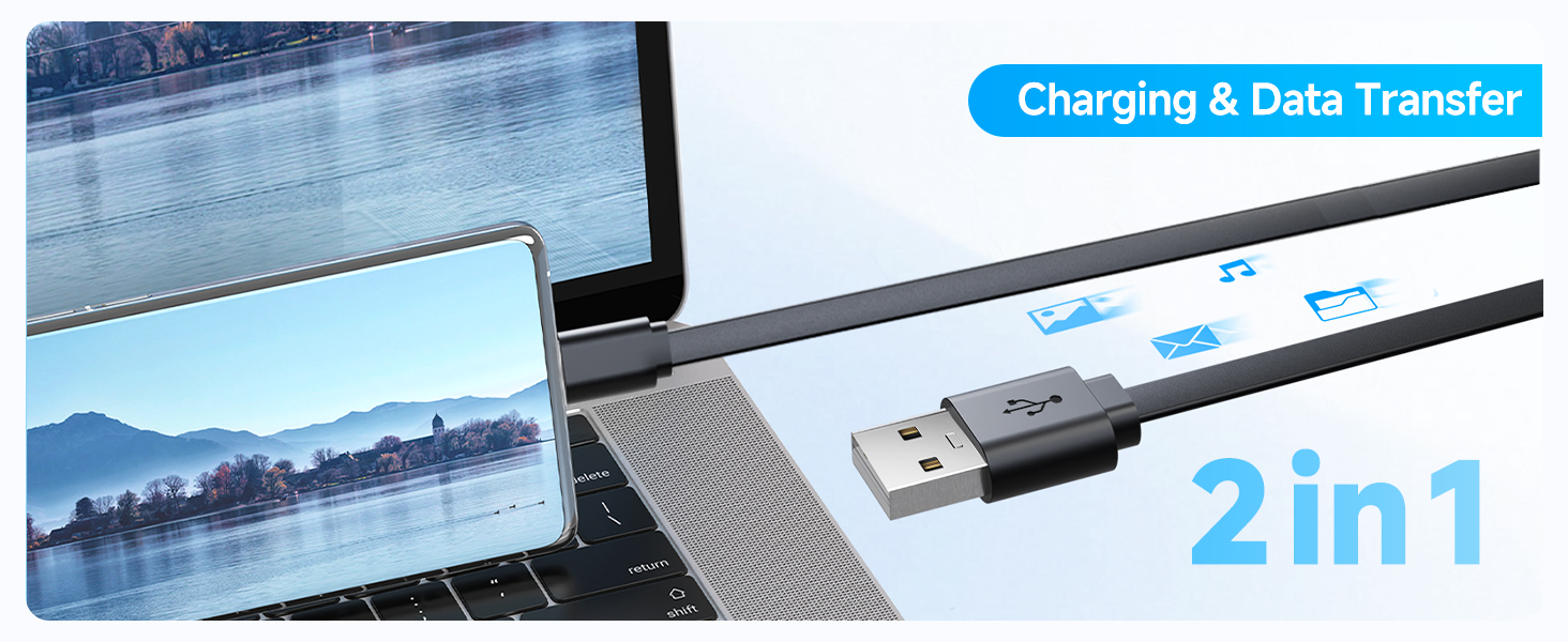 Text reads '2 in 1' and 'Charging & Data Transfer'. USB cable product image showing connection and data transfer capabilities.