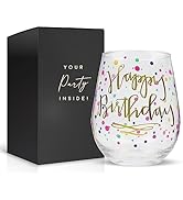 Your Dream Party Shop Happy Birthday 22oz Stemless Wine Glass, Happy Birthday Wine Glass with Gol...