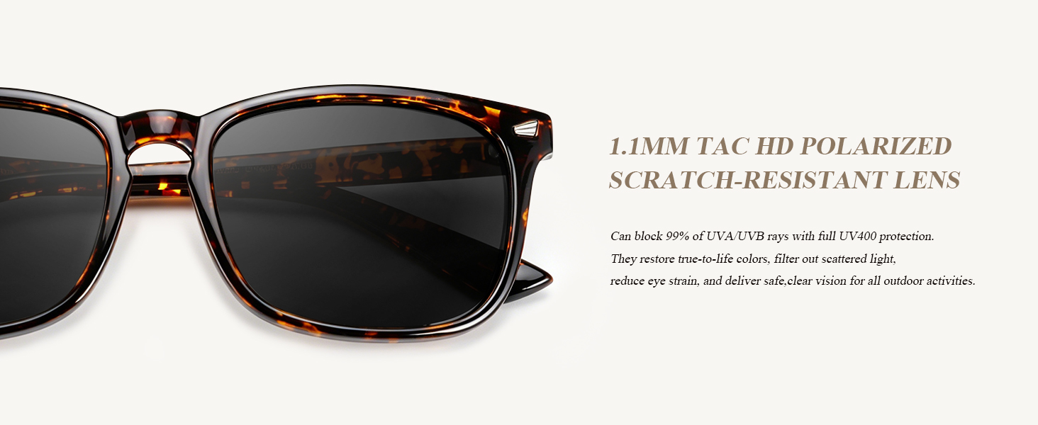 1.1MM thick TAC HD lens that block 99% of UVA/UVB rays with full UV400 protection Scratch-resistant