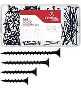CrimsonMark 165pcs Drywall Screws & Anchors Kit #6 Black Wood Screws for Sheetrock, Picture Hangi...