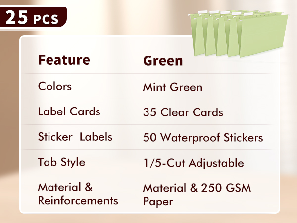 green hanging file folders