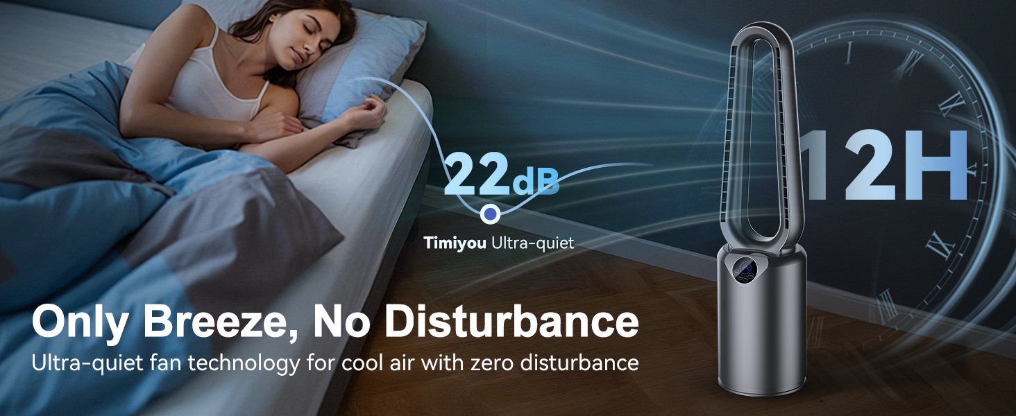 Text reads 'Only Breeze, No Disturbance'. Product demonstration showing quiet operation feature in bedroom setting with sleeping figure.