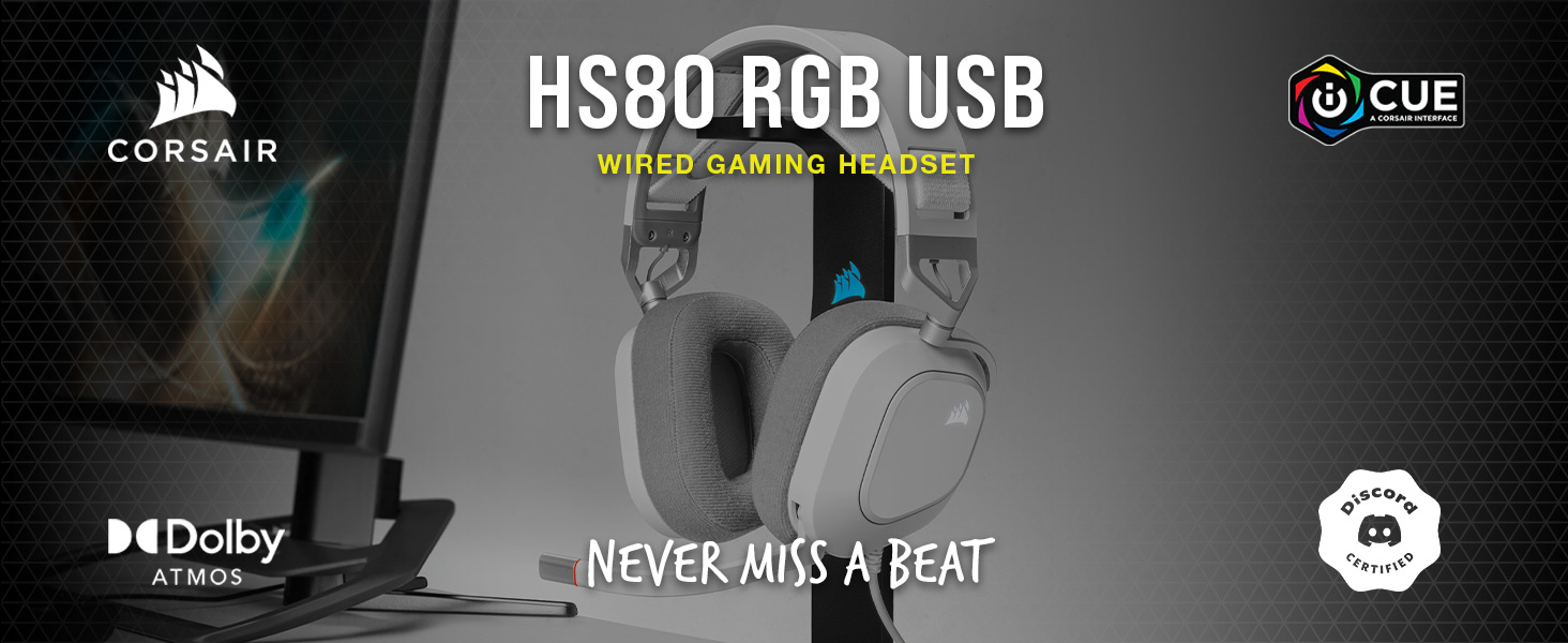 Wired Gaming Headset, Dolby Audio headset, HS80 RGB USB, white headset