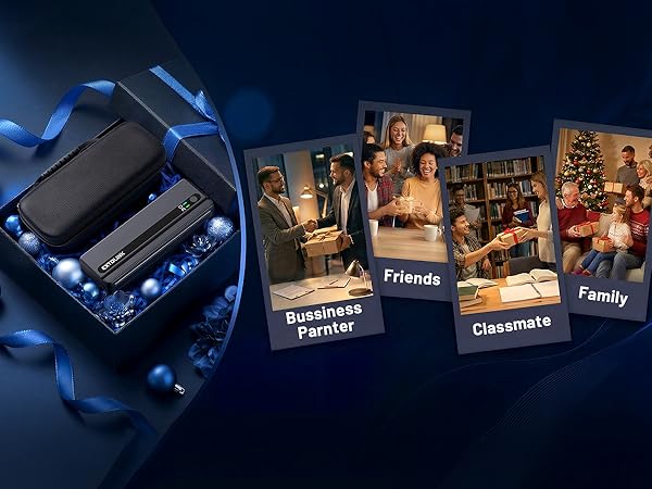 Text reads: 'Friends', 'Family', 'Classmate'. Series of connected images on dark blue background showing photo gallery interface with navigation elements and thumbnail previews.