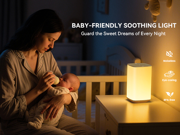 Noiseless baby-friendly soothing lamp guarding sweet dreams during midnight nursing.