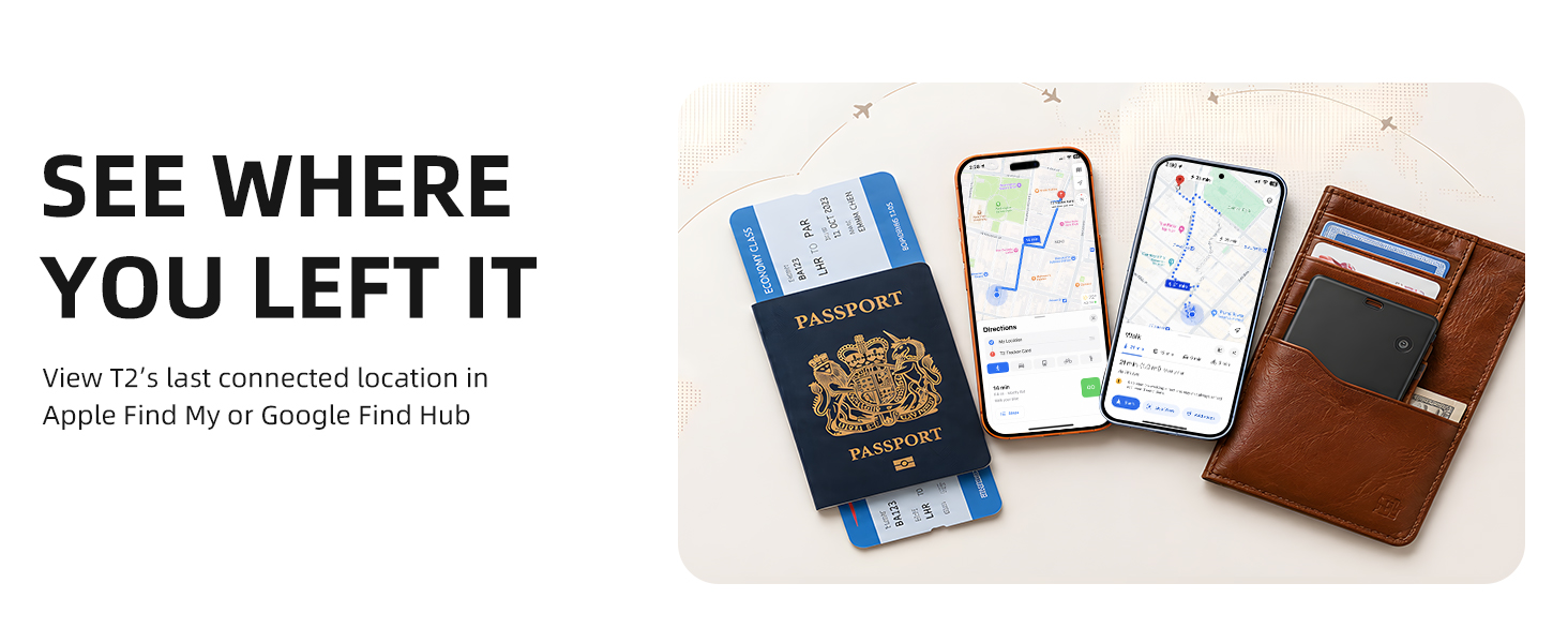 T2 wallet tracker shows its last connected location in Apple Find My or Google Find Hub