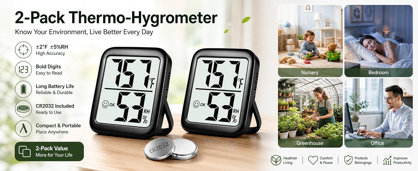 2-pack digital thermo-hygrometer,large LCD screen,CR2032 included, monitors temp & humidity indoors.