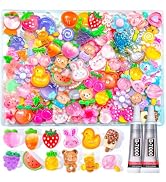 100PCS Flatback Resin Charms Kit with 2PCS Glue Cute Fruit Flower Assorted | 100 Styles Slim Char...
