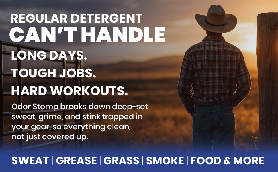 Man in workwear outdoors, removes sweat grease odors, heavy duty laundry cleaner