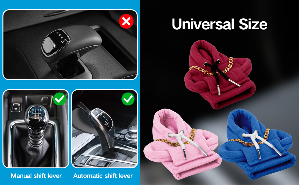 Text reads 'Universal Size'. Product comparison showing manual and automatic shift lever covers or boots in black, red, blue, and pink colors.