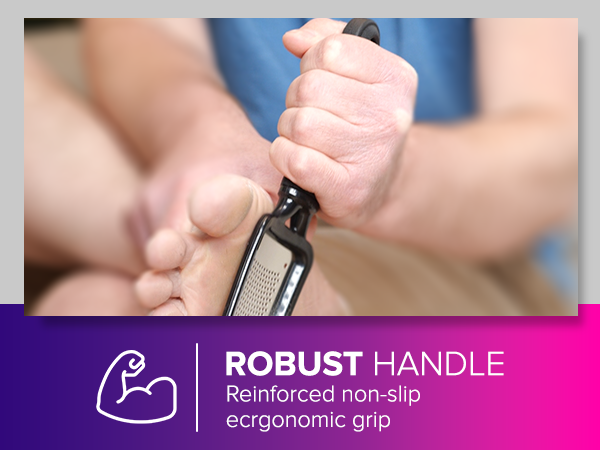 Close-up of hands gripping a black handle with textured surface. Text describes 'Robust Handle' with reinforced non-slip ergonomic grip, accompanied by a muscle icon.
