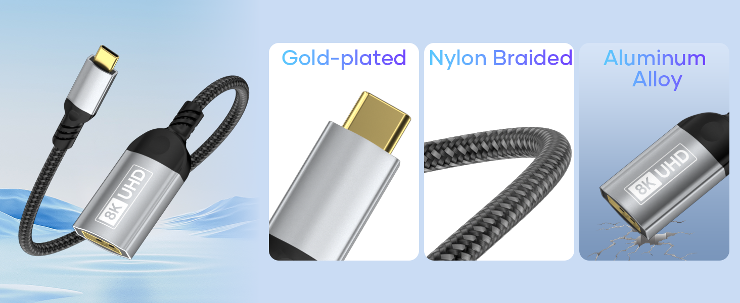 USB cable with braided nylon cord and aluminum alloy connectors, featuring gold-plated contacts and multiple product detail views.