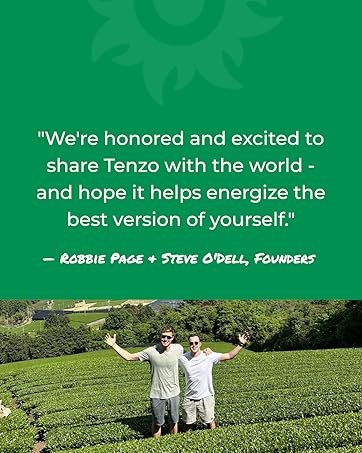 Founders quote about Tenzo’s mission, with photo of them in a Japanese tea field.