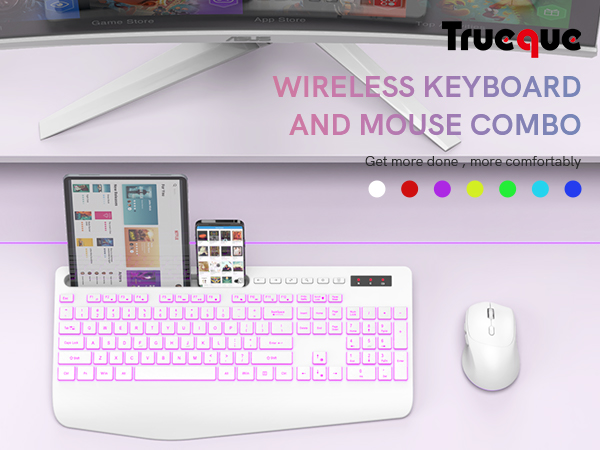 Wireless Keyboard and Mouse Backlits, Wrist Rest, Rechargeable Ergonomic Keyboard with Phone Holder