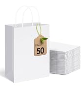 MESHA 8x4.25x10.5 Inch White Kraft Paper Gift Bags with Handles, 50-Pack Recycled Reusable Shoppi...