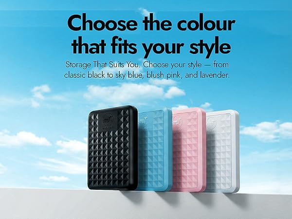 Four Facet portable hard drives lined up in black sky blue blush pink and lavender against blue sky