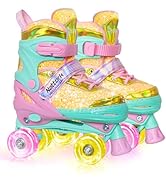 Nattork Kids Roller Skates for Girls Kids, 4 Sizes Adjustable Fluorescent Quad Skates with Light ...