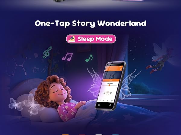 Child falling asleep with MP3 player bedtime stories and sleep mode for a calm night.