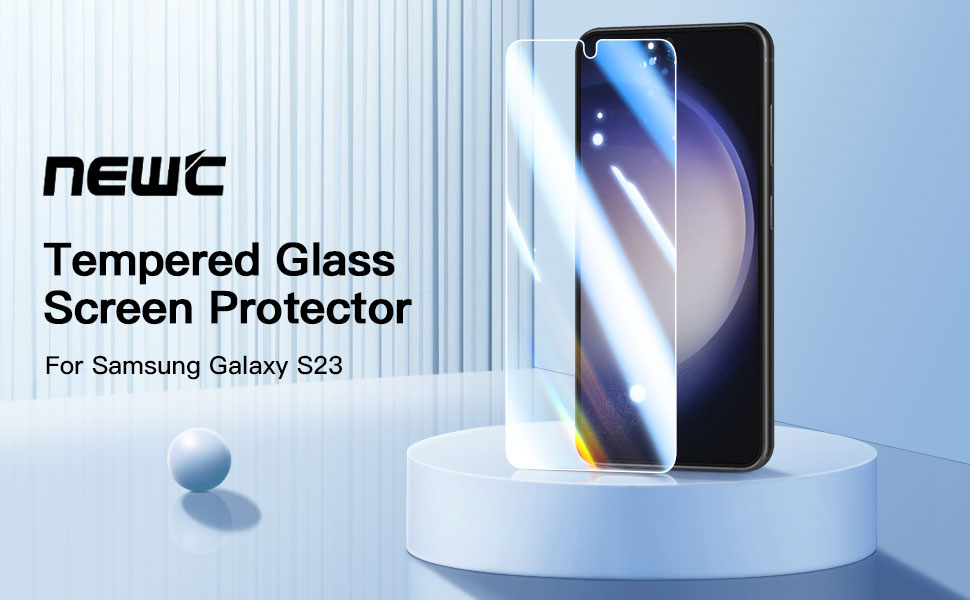 Tempered glass screen protector for Samsung Galaxy S23. Product shown on display stand with phone screen visible.