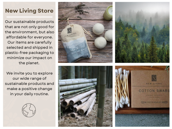 Text reads "New Living Store" with sustainability message about eco-friendly products and plastic-free packaging. Composite showing sustainable home goods, textiles, plants, and branded packaging.