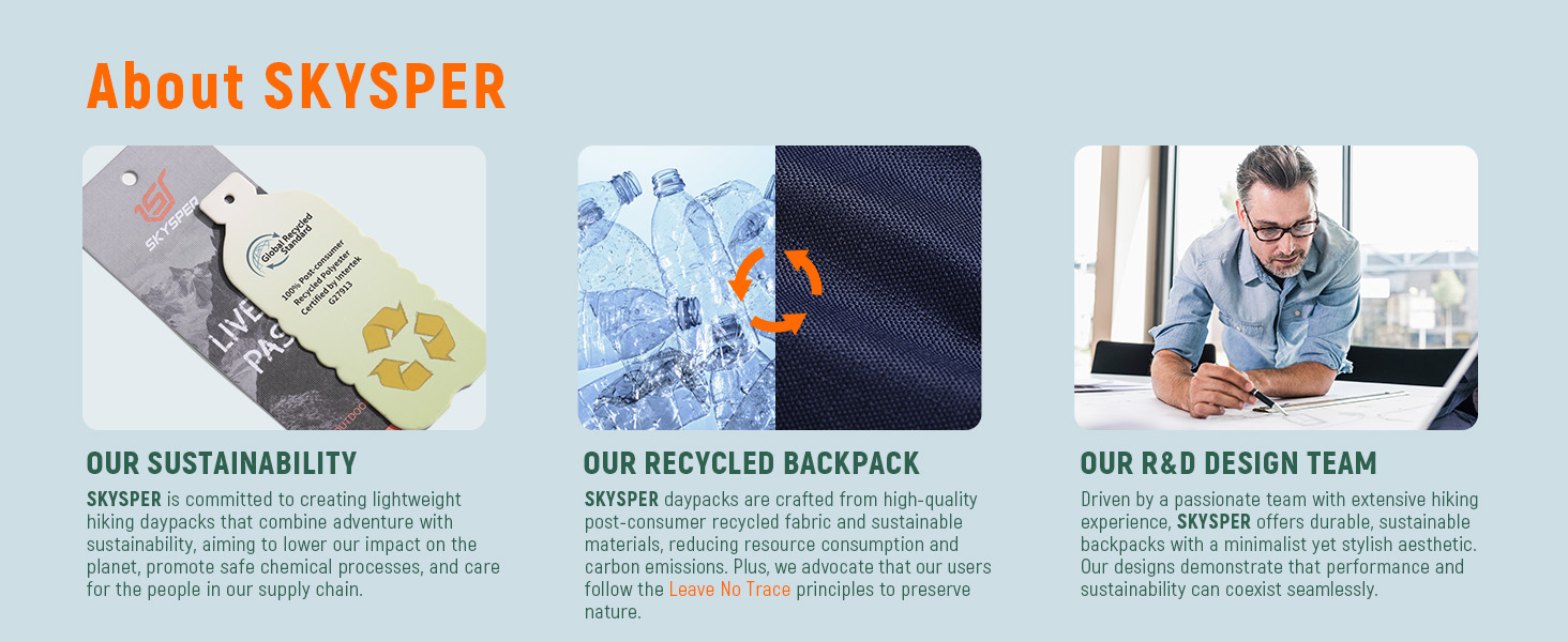 Infographic showing three panels about Skysper: sustainability with product image, recycled backpack, and design team working on laptop.