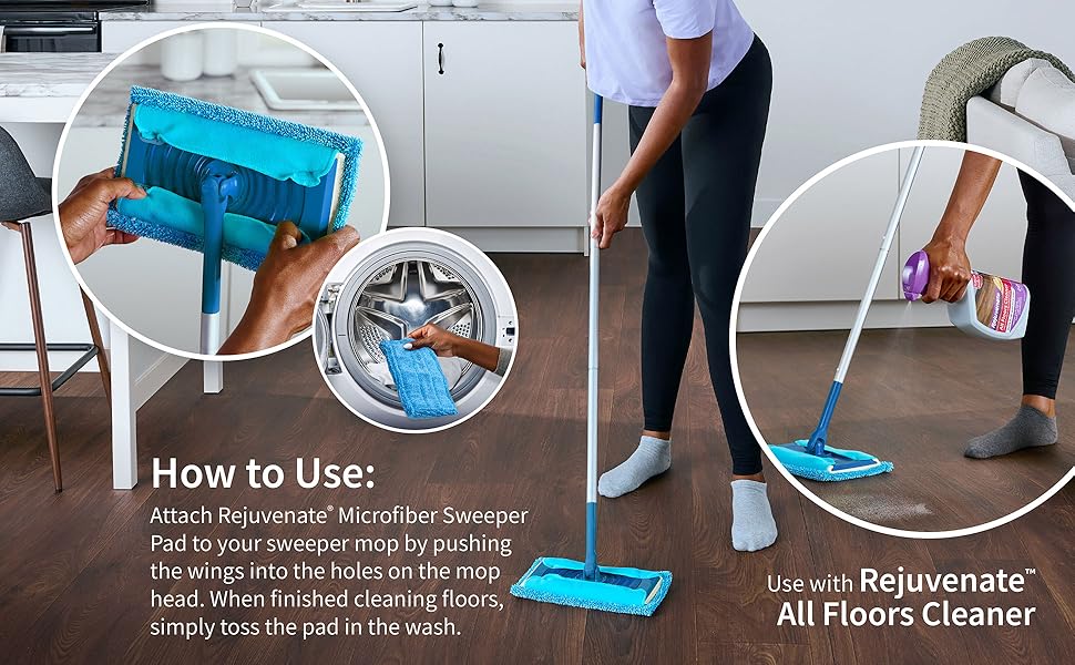 Attach the microfiber sweeper pad to your sweeper mop and simply toss in the wash when you're done