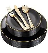 YOUBET 125PCS Black Plastic Plates - Black Disposable Plates With Gold Rim - Black Gold Plates Di...