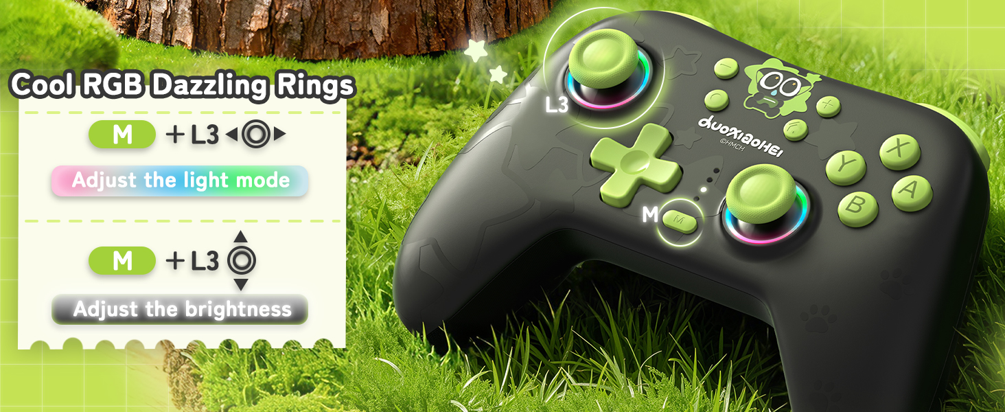 Text reads 'Cool RGB Dazzling Rings'. Gaming controller on grass with glowing green LED elements and UI showing brightness adjustment controls.