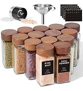 Yangbaga14Pcs Glass Spice Jars with Labels- 4OZ Wood Lid Square Spice Containers with Pepper Grin...